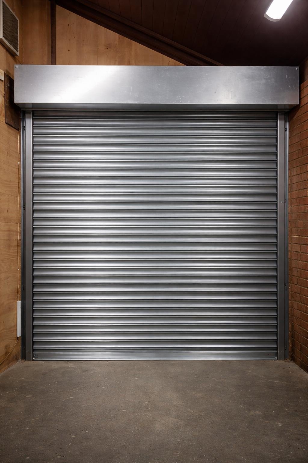 Galvanised steel roller shutter door installed in a commercial loading area